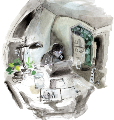 A watercolor painting with curvilinear perspective depicting a person with short dark hair and glasses hunched over a laptop at their kitchen table